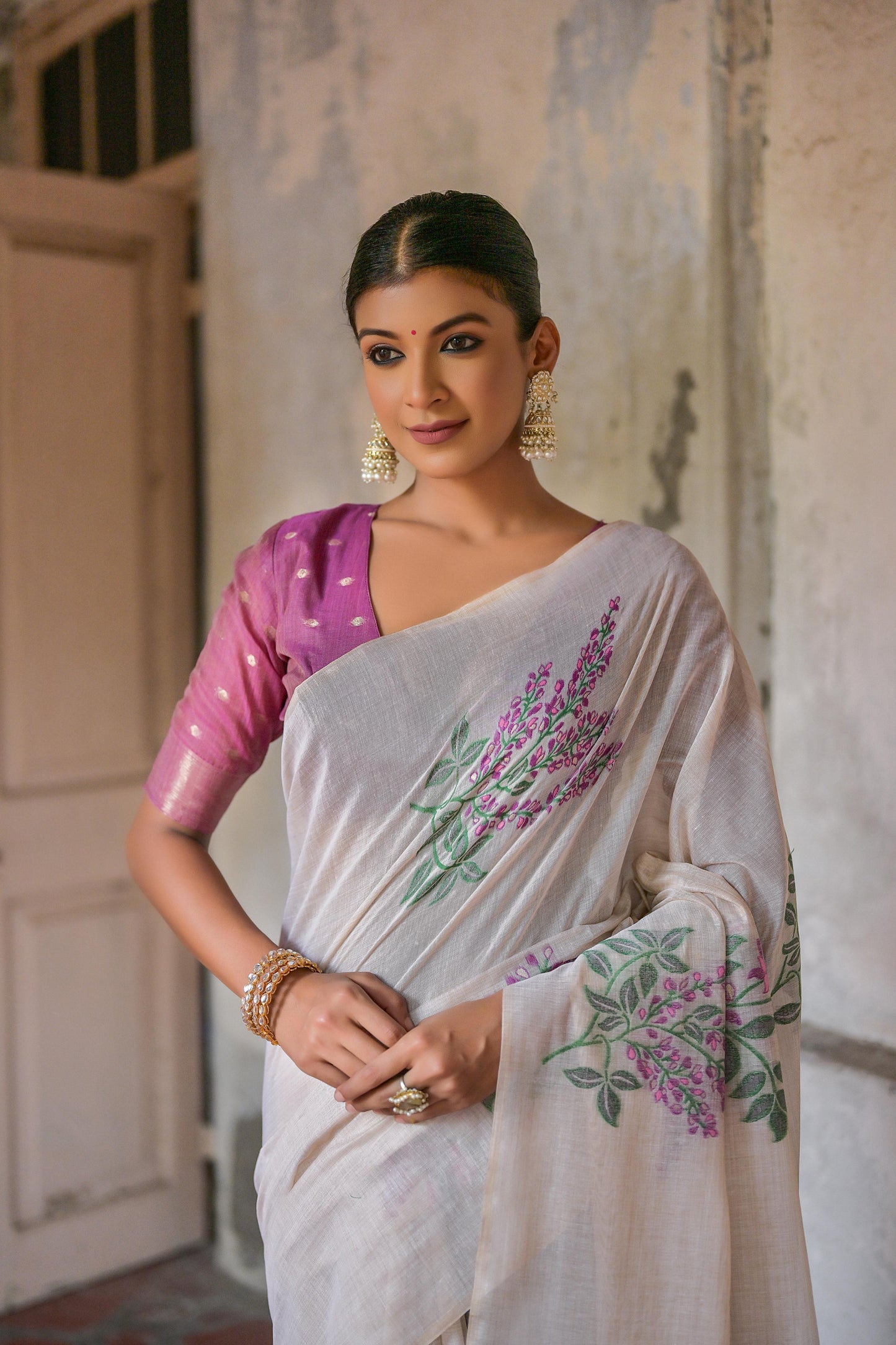 Dhiyona GR Women's Ice White & Wine Muga Cotton Woven Saree