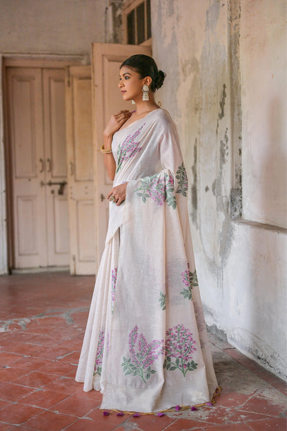 Dhiyona GR Women's Ice White & Wine Muga Cotton Woven Saree