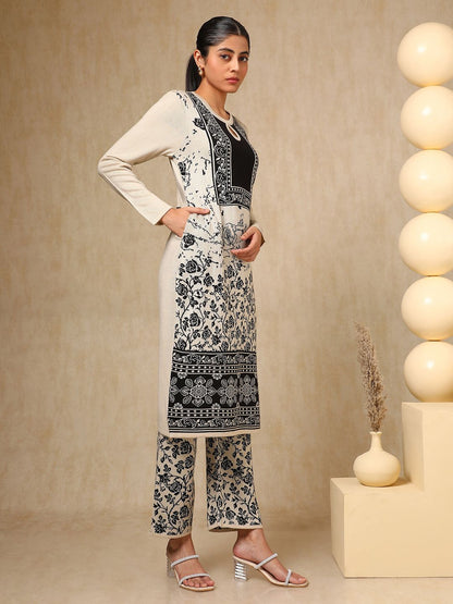 Dhiyona SO Women's Off White Floral Woven Design Keyhole Neck Acrylic Straight Kurta With Trouser