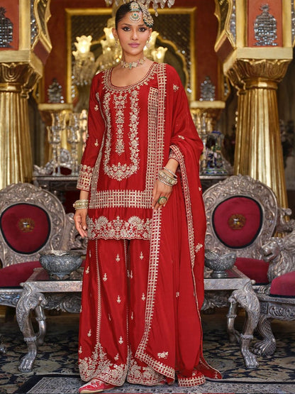 Dhiyona IE Women Ethnic Motifs Embroidered Regular Kurta With Sharara & Dupatta Kurta Sets