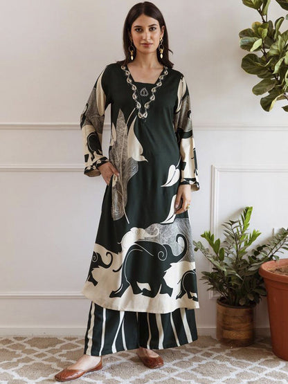 Dhiyona IE Printed Beads and Stones A-Line Kurta with Palazzos
