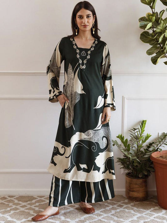 Dhiyona IE Printed Beads and Stones A-Line Kurta with Palazzos