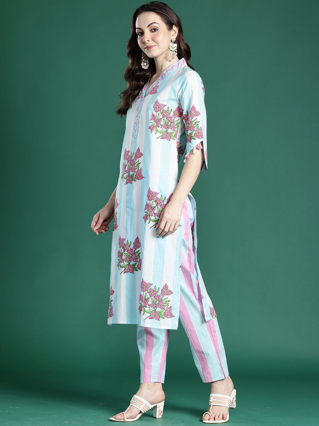 Dhiyona IE Indo era Printed Pure Cotton V Neck Top With Trousers Co-Ords Set