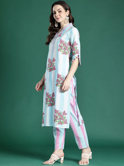Dhiyona IE Indo era Printed Pure Cotton V Neck Top With Trousers Co-Ords Set