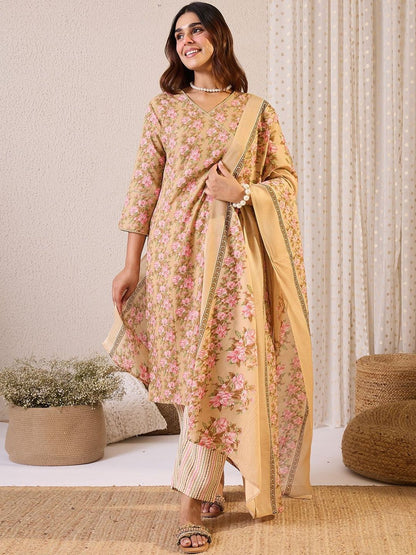 Floral Printed Straight Pure Cotton Kurta With Trousers & Dupatta