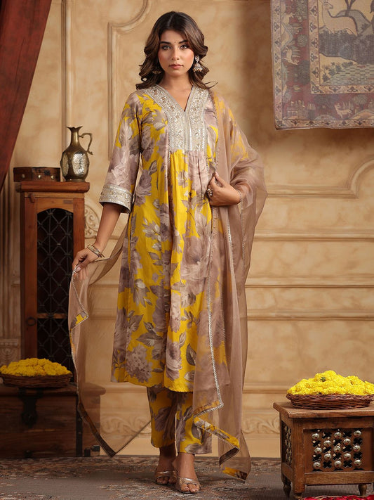 Dhiyona RR Women's Floral Printed Sequinned Pure Cotton Anarkali Kurta with Trousers & Dupatta