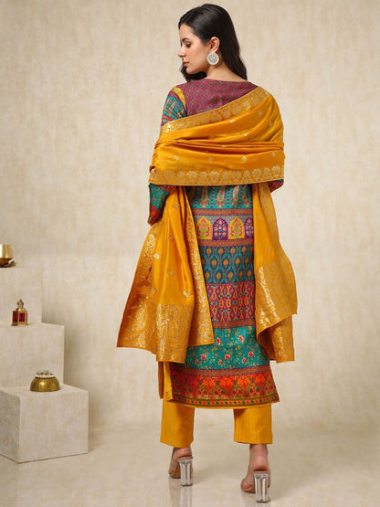 Dhiyona SO Women's Ethnic Motifs Printed Mirror Work Straight Kurta With Trouser & Dupatta