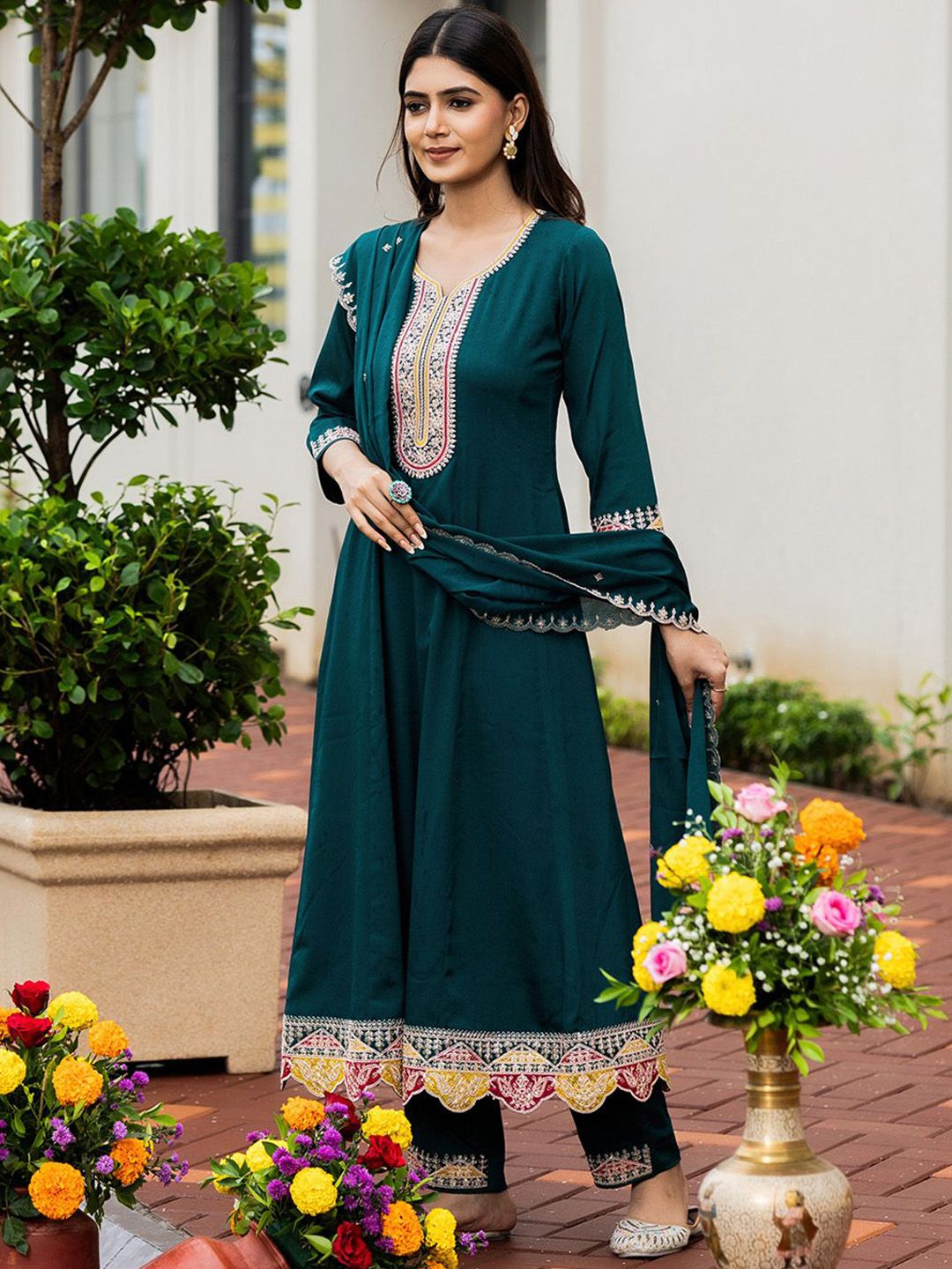 Dhiyona CH Women Floral Embroidered A-Line Kurta with Trousers & Dupatta