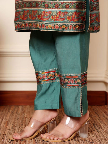 Dhiyona VA Women's Ethnic Motifs Printed Regular Gotta Patti Chanderi Silk Kurta with Trousers
