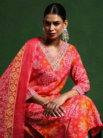 Dhiyona VA Women'sBandhani Printed V-Neck Thread Work Kurta With Trousers & Dupatta