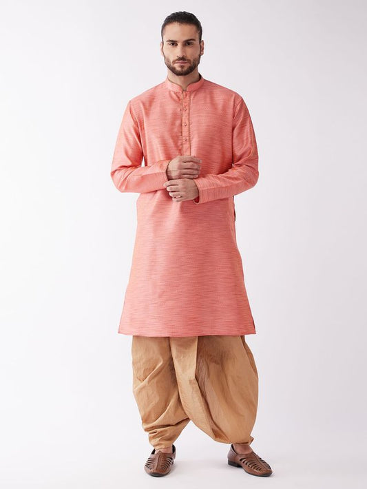 Men's Pink Silk Blend Straight Kurta and Dhoti Set
