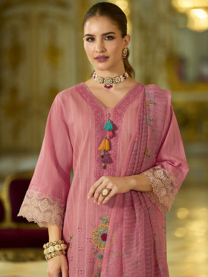 Dhiyona VA Women's Floral Embroidered Cotton Kurta with Trouser & Dupatta