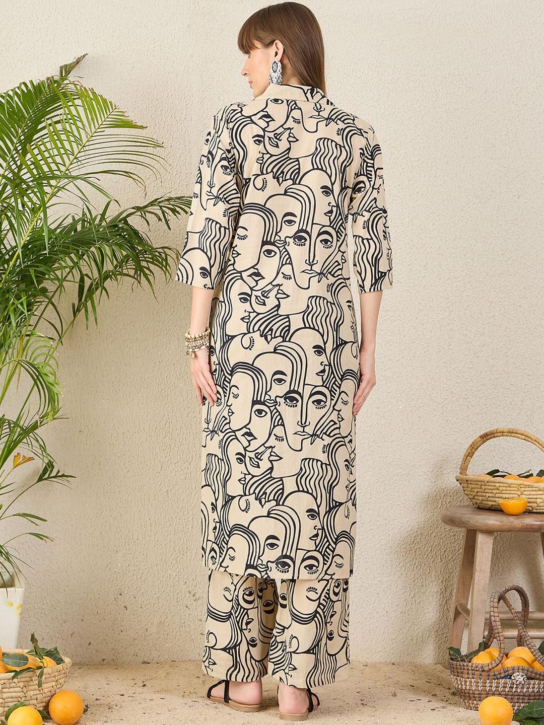 Dhiyona IE Printed Shirt Collar Pure Cotton Tunic With Trouser