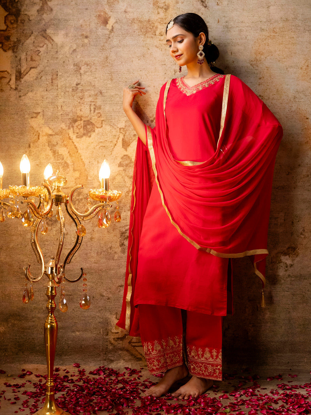 Dhiyona VV Women's Embroidered Silk Blend Calf Length Straight Kurta with Palazzo & Dupatta Set