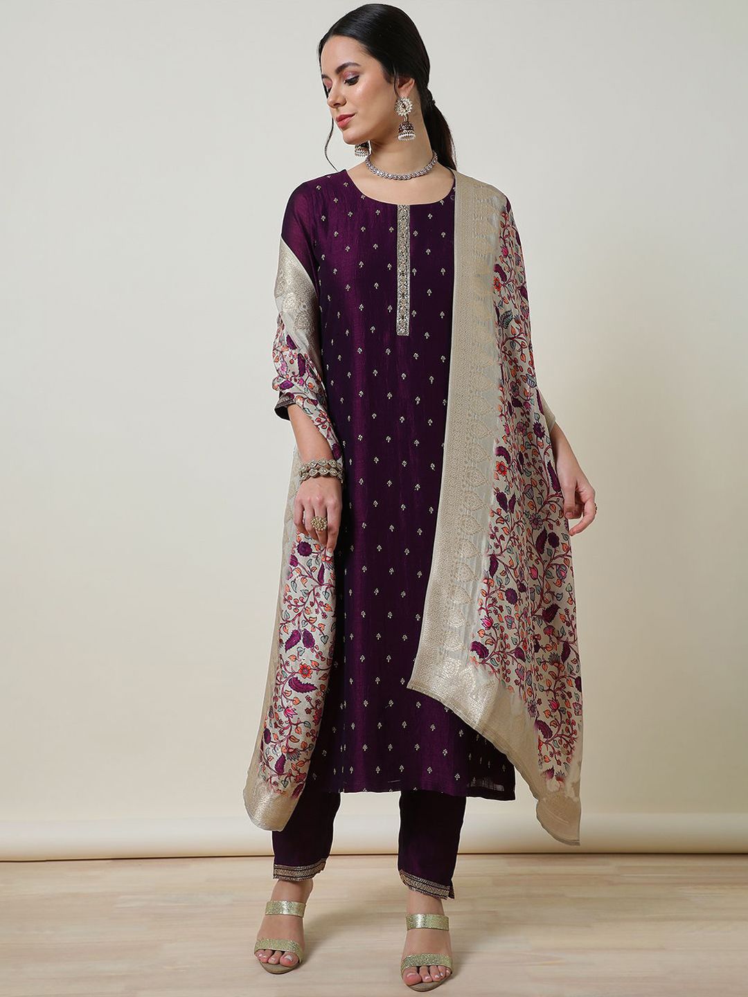 Dhiyona SO Women's Women Ethnic Motifs Embroidered Regular Zardozi Kurta with Trousers & With Dupatta