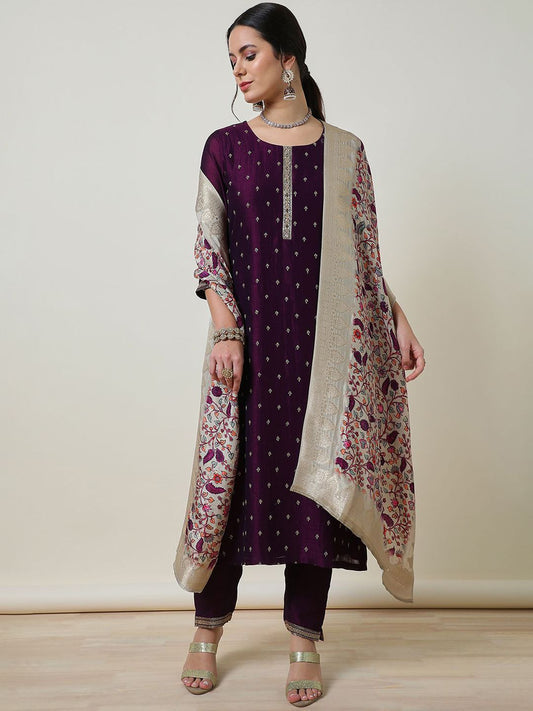 Dhiyona SO Women's Women Ethnic Motifs Embroidered Regular Zardozi Kurta with Trousers & With Dupatta