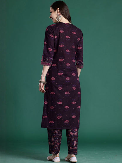 Floral Printed V-Neck Pure Cotton Straight Kurta With Trousers