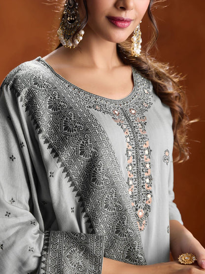 Dhiyona WP Floral Embroidered Beads and Stones Jacquard Kurta with Trousers & Dupatta