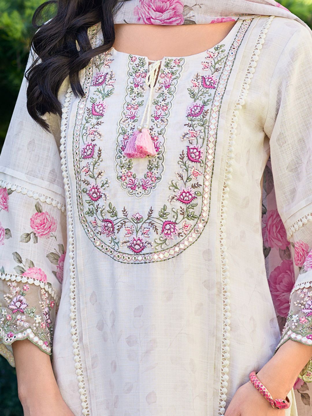 Women Floral Embroidered Regular Thread Work Linen Kurta with Trousers & With Dupatta