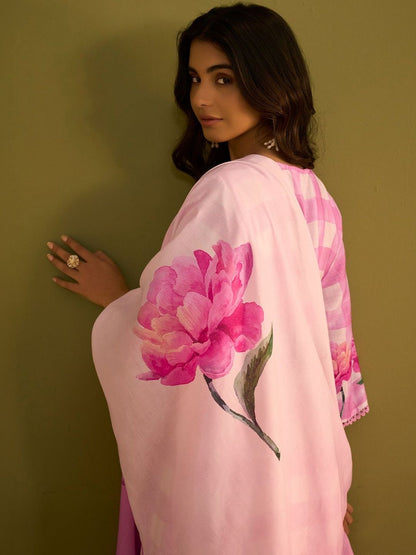 Women Floral Printed Regular Linen Kurta with Trousers & With Dupatta