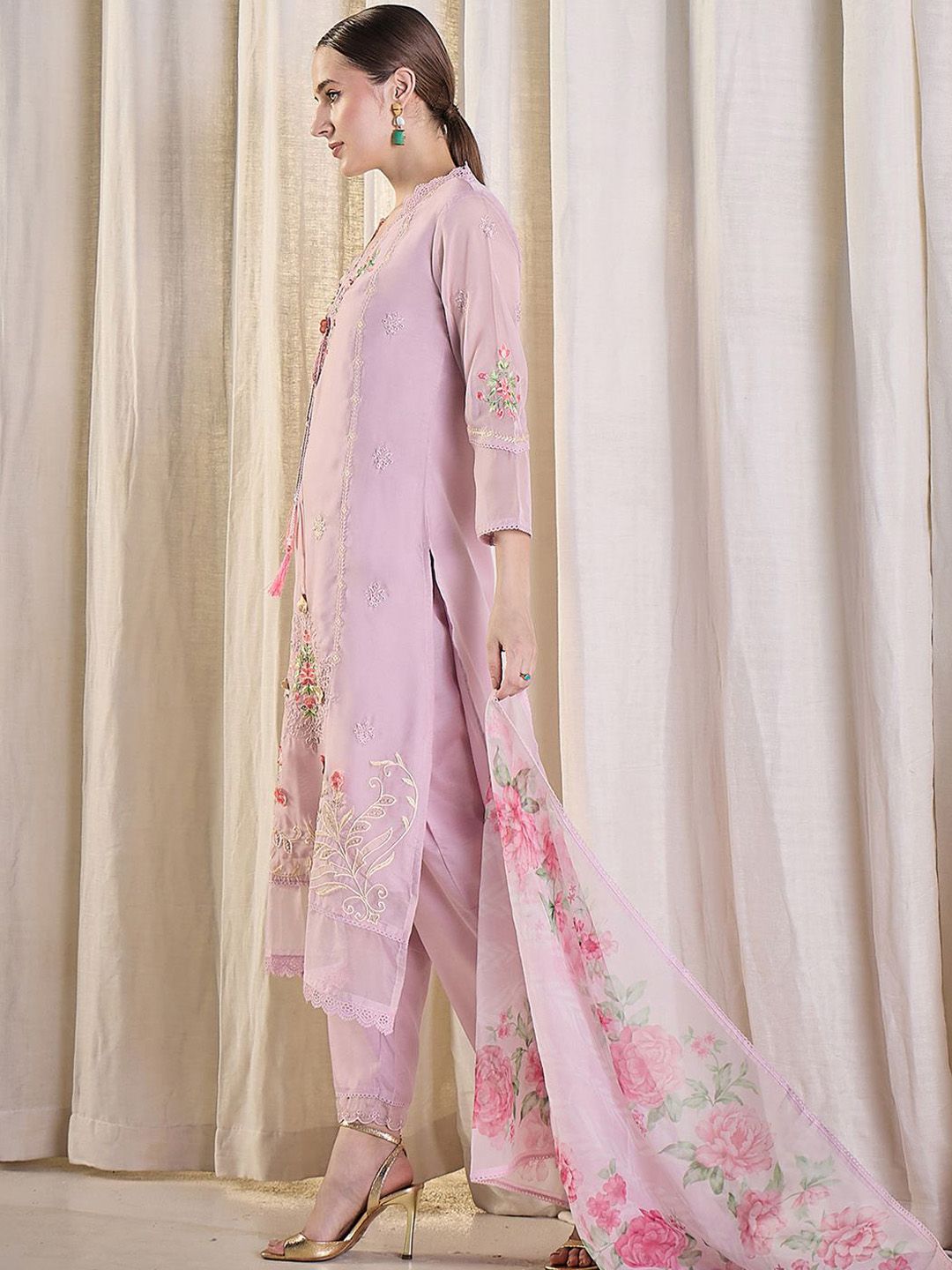 Floral Embroidered Thread Work Kurta With Trousers & Dupatta