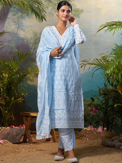 Women Ethnic Motifs Embroidered Regular Thread Work Pure Cotton Kurta with Trousers & With Dupatta