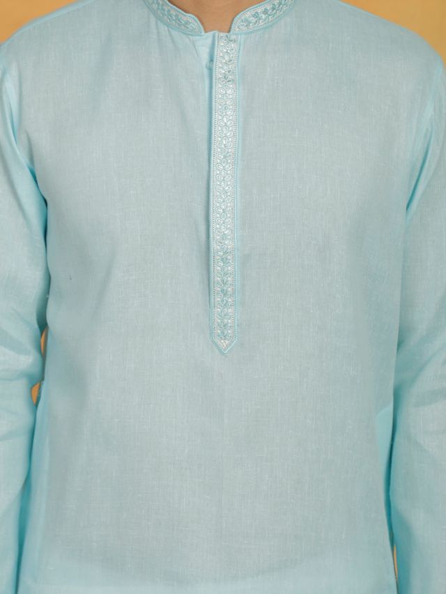 Men's Aqua Cotton Straight Kurta