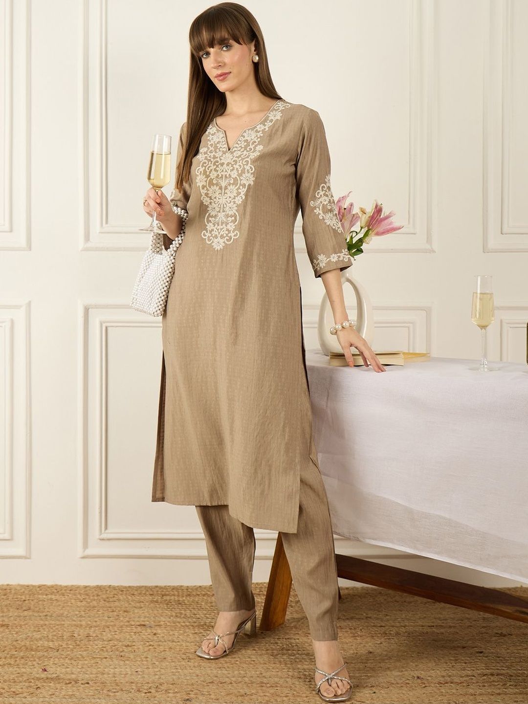 Floral Printed Thread Work Pure Cotton Kurta With Palazzos