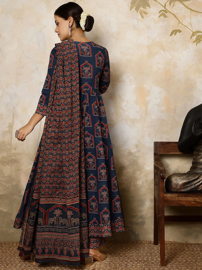 Dhiyona SN Women's Printed Pure Cotton Flared V-Neck Kurta & Palazzo With Dupatta