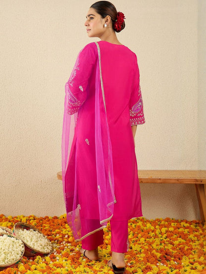 Floral Embroidered Thread Work Kurta With Trousers & Dupatta