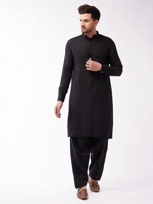 Men's Black Cotton Blend Pathani Kurta and Patiala Set