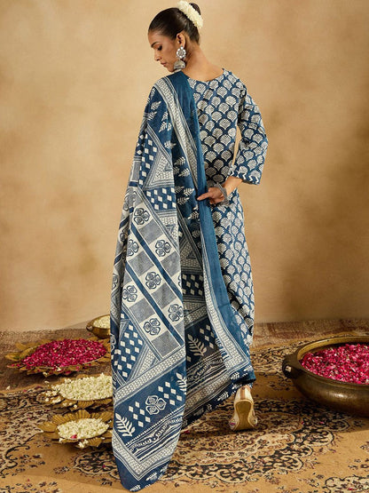 Dhiyona IE Ethnic Motifs Printed Thread Work Pure Cotton Kurta with Trousers & Dupatta