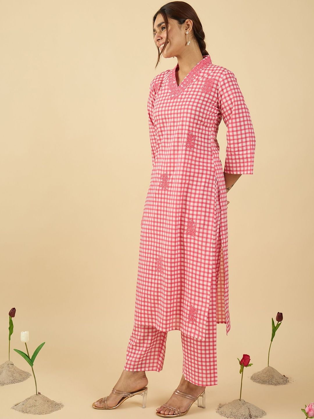 Women Checked Regular Thread Work Pure Cotton Kurta With Trousers