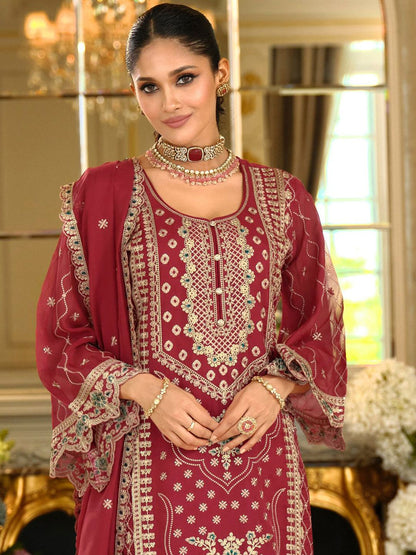 Ethnic Motifs Embroidered Zari Organza Straight Kurta & Trousers With Dupatta