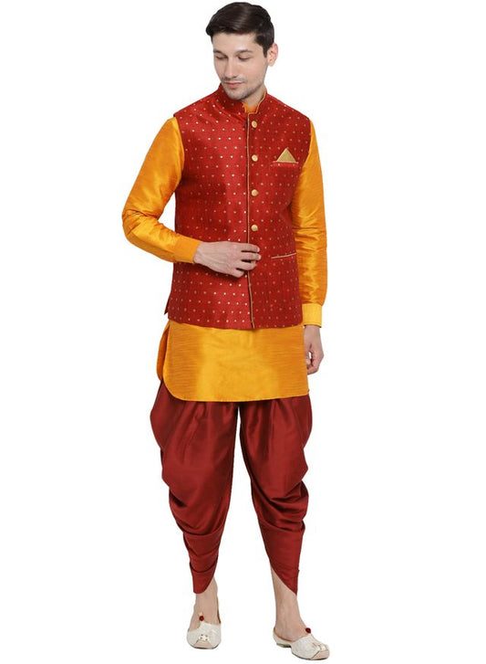 Men's Orange Silk Blend Straight Jacket  Kurta and Dhoti Set