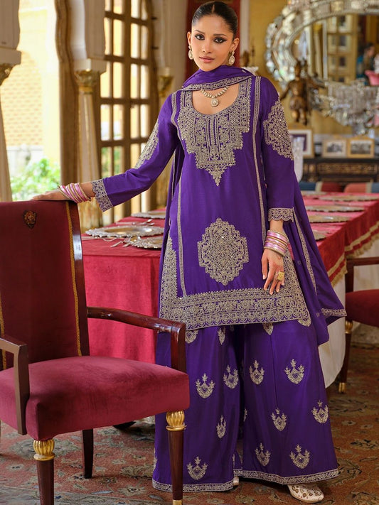 Ethnic Motifs Embroidered Chinon Beads And Stones Kurta With Palazzos & Dupatta