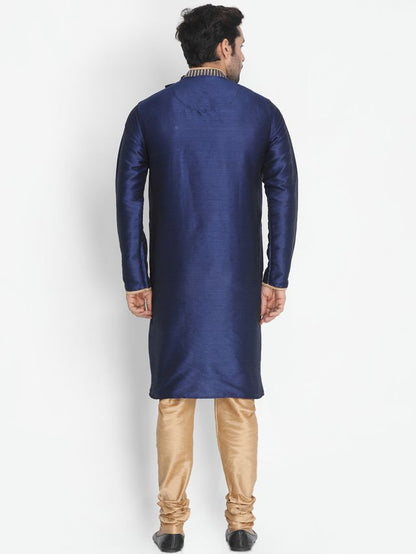 Men's Dark Blue Polyester Lurex Blend Straight Sherwani Set