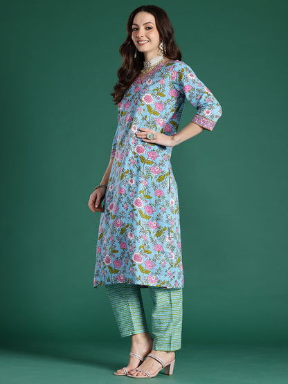 Dhiyona IE Floral Printed Mirror Work Pure Cotton Kurta With Trousers & Dupatta