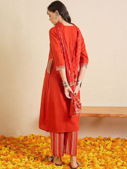 Women Ethnic Motifs Regular Thread Work Pure Cotton Kurta with Trousers & With Dupatta