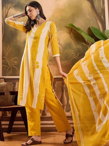 Dhiyona SN Women's Striped Pure Cotton Straight Kurta & Trousers With Printed Dupatta