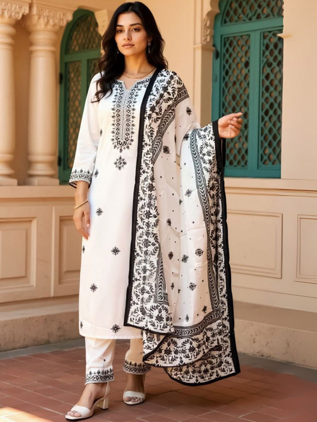 Women Embroidered Sequinned Pure Cotton Kurta with Trousers & Dupatta Kurta Sets