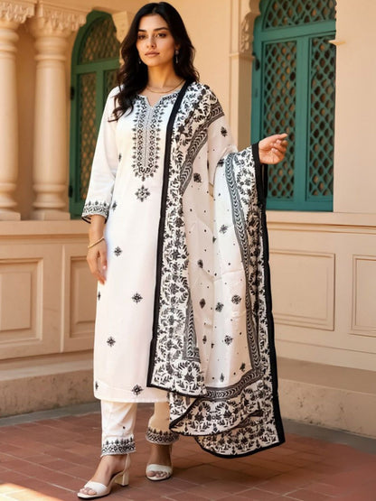 Women Embroidered Sequinned Pure Cotton Kurta with Trousers & Dupatta Kurta Sets