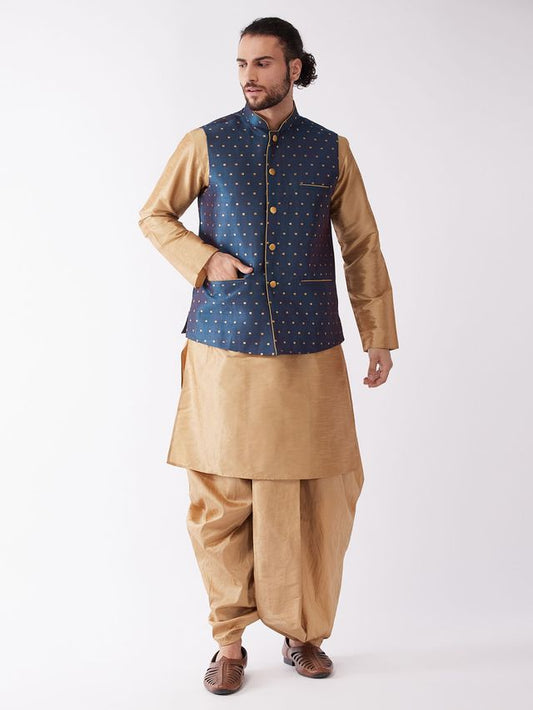Men's Rose Gold Silk Blend Straight Jacket  Kurta and Dhoti Set