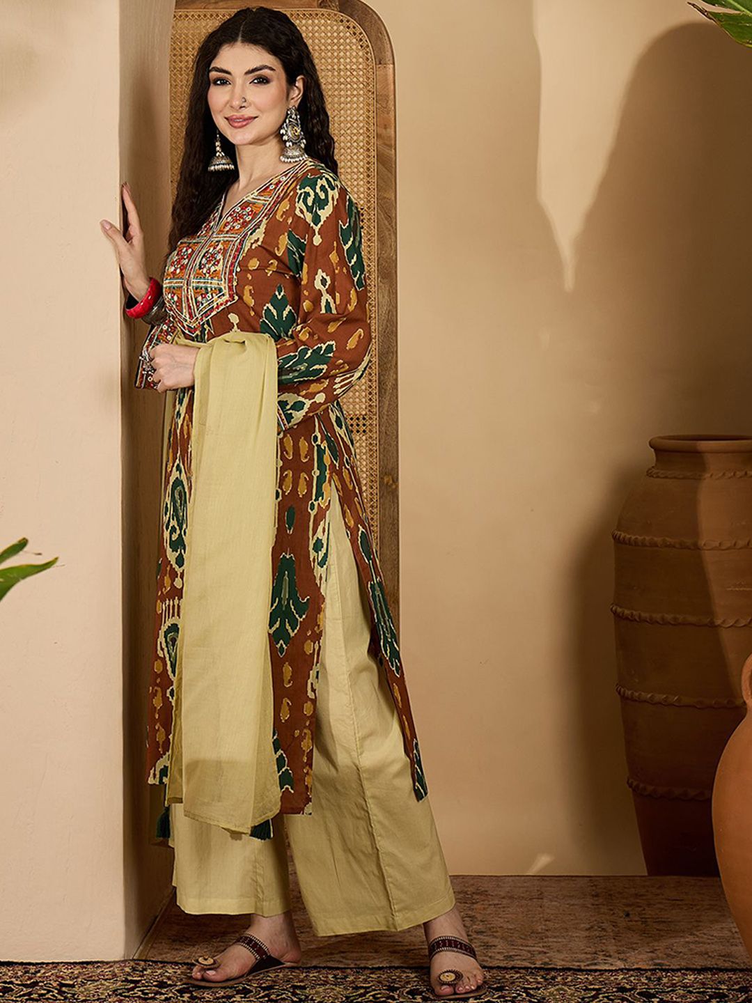 Dhiyona SN Women's Ikat Printed Embroidered Straight Kurta Palazzo & Dupatta Set