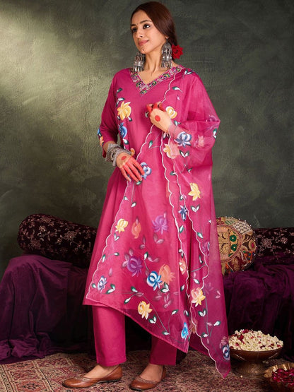Women Floral Printed and Thread Work Pure Cotton Kurta with Trousers & Dupatta