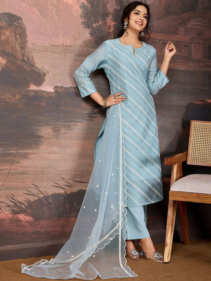 Dhiyona PD Women Sequined Embroidered Round Neck Straight Kurta & Trousers With Dupatta