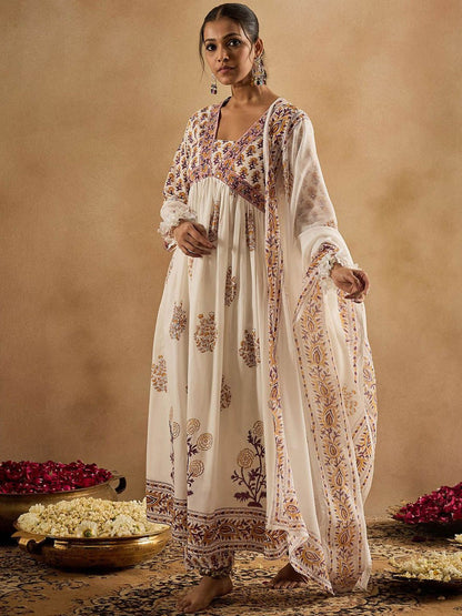 Dhiyona IE Women Floral Printed Empire Pure Cotton Kurta with Trousers & With Dupatta