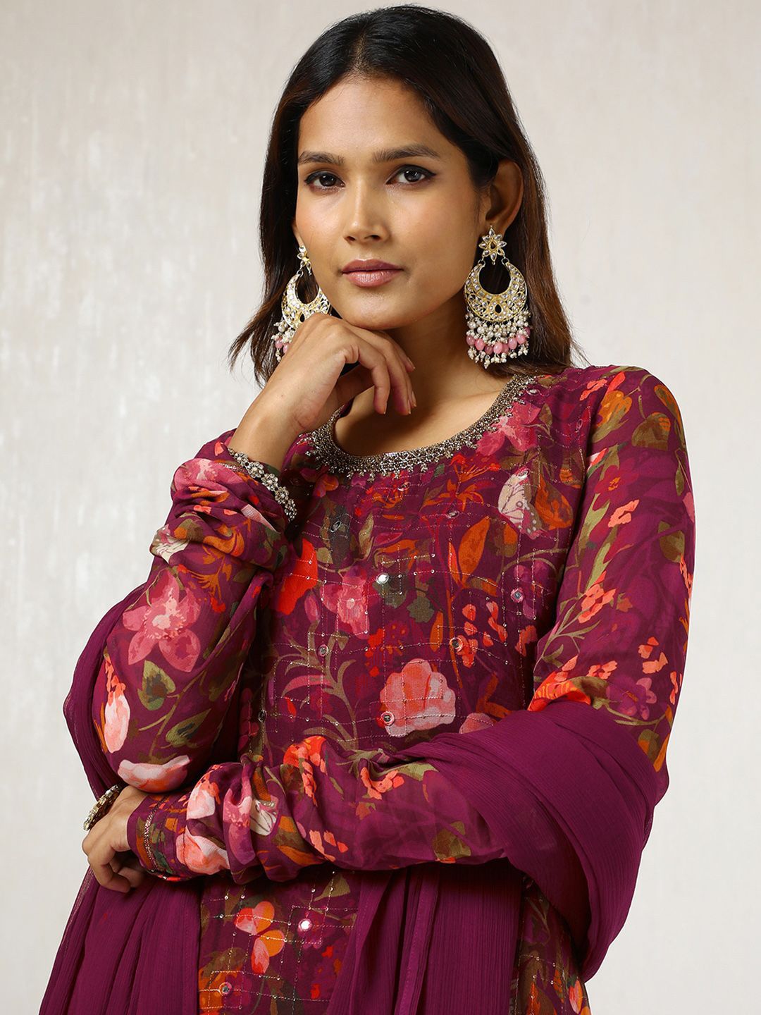 Dhiyona SO Women's Maroon Floral Printed Mirror Work Kurta With Sharara & Dupatta