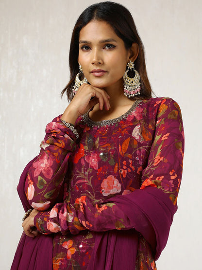 Dhiyona SO Women's Maroon Floral Printed Mirror Work Kurta With Sharara & Dupatta