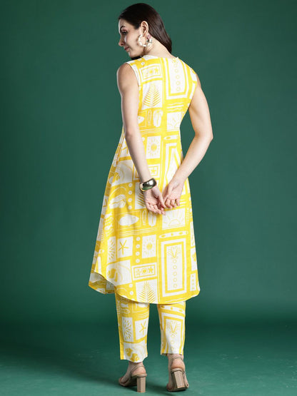 Dhiyona IE Printed Pure Cotton V-Neck Tunic With Trousers Co-Ords